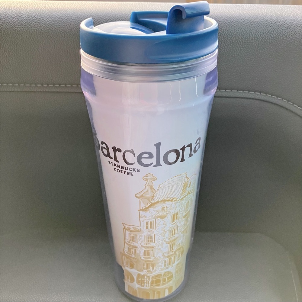 Starbucks coffee Barcelona travel mug with blue flip lid.  EUC!